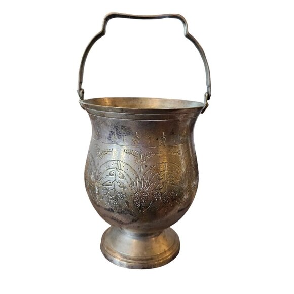 Vintage Etched Silver Plated Deco Bowl Vase With Handle Floral Design Art Nouvea - Picture 2 of 14